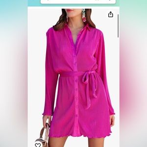Long Sleeve Button Down Shirt Dress in Hot Pink Neufigr/Amazon Brand Size L